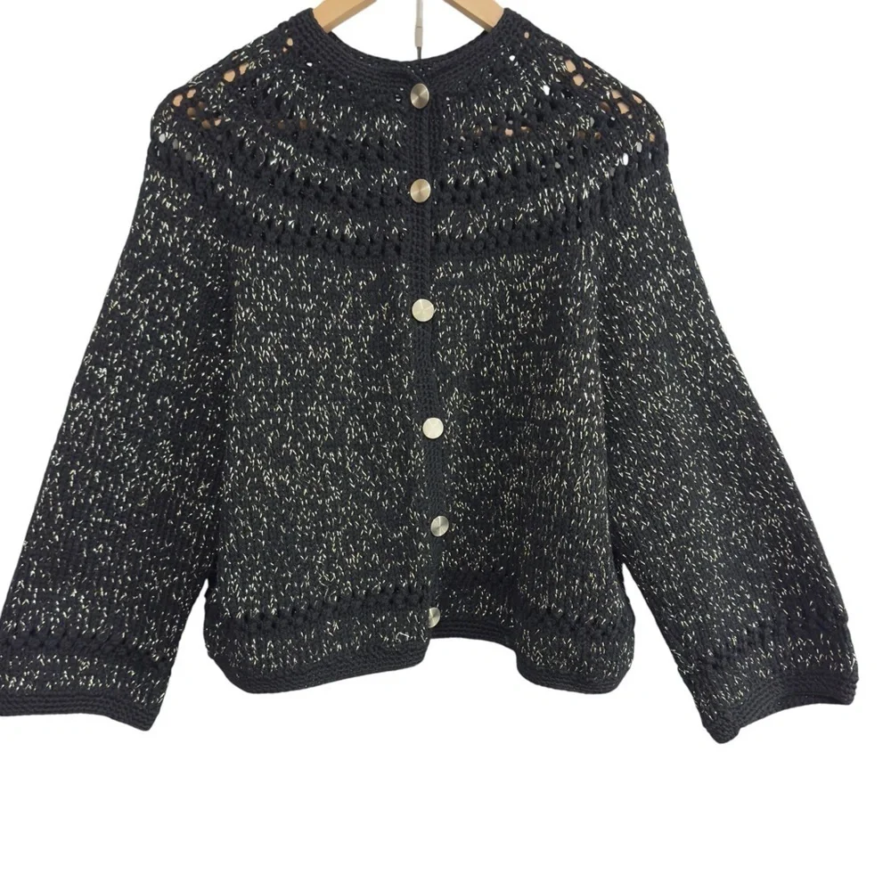 Vintage Black Metallic Knit Cardigan Sweater Button Front Long Sleeve - Picture 1 of 10